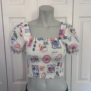 Monteau Los Angeles Smocked Puff Sleeve Crop Top Size Small